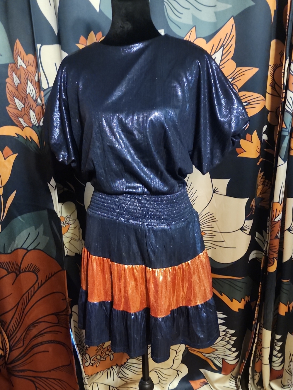 TCEC Navy and Orange Metallic Tiered Skater Dress